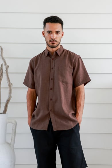 Men's Hemp Tencel Short Sleeves Shirt-Brown