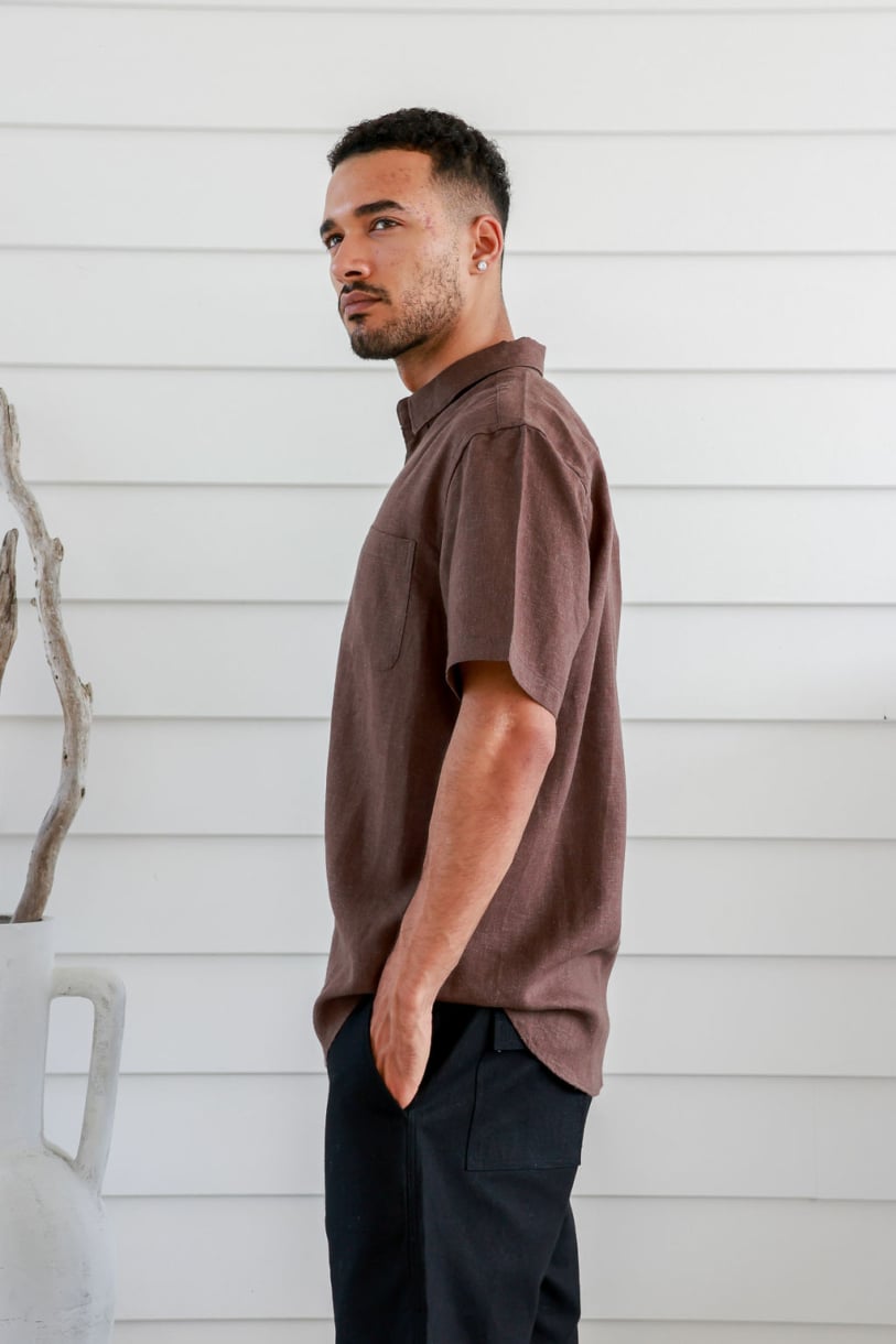 Men's Hemp Tencel Short Sleeves Shirt-Brown