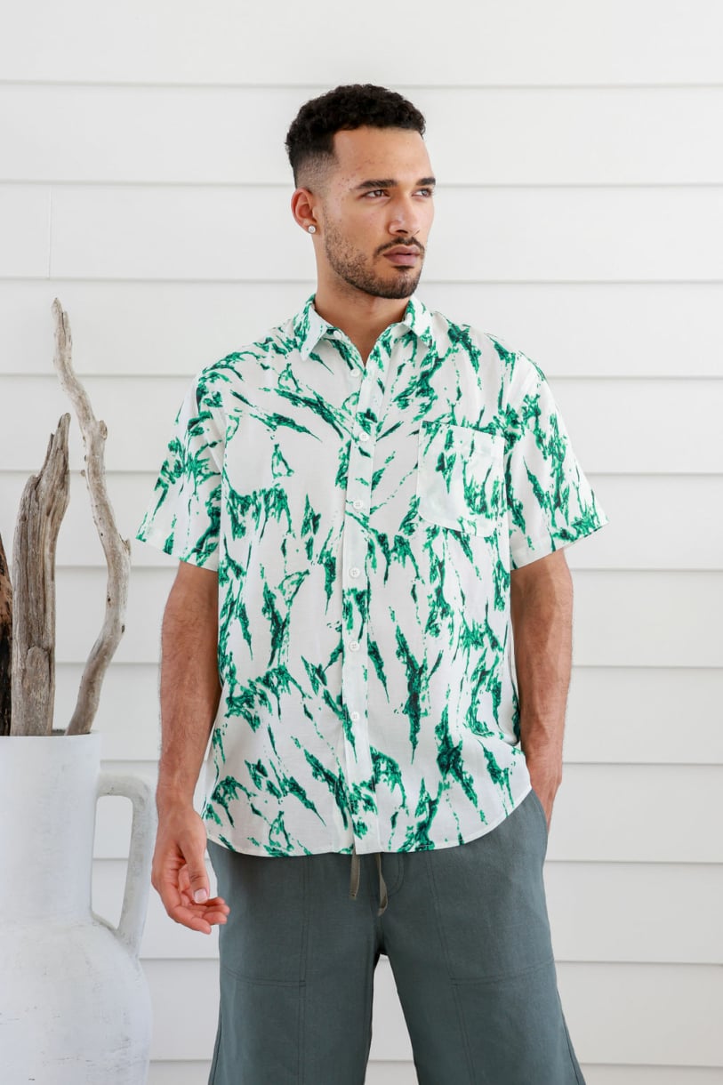 Men's Hemp Cotton Short Sleeves  Feather Shirt-Blue