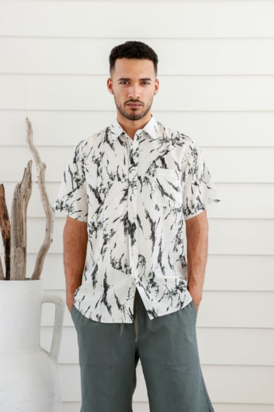 Men's Hemp Cotton Short Sleeves  Feather Shirt-Blue