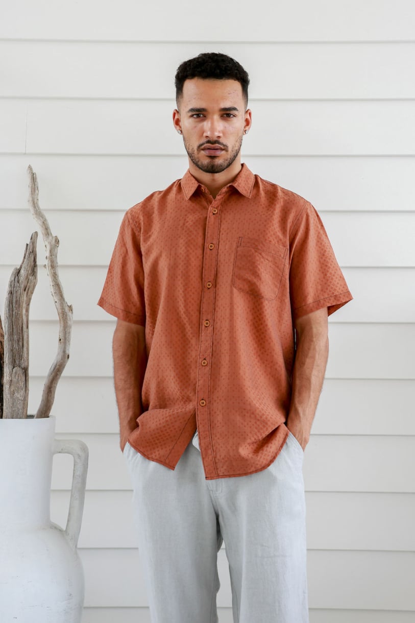 Men's Hemp Tencel Short Sleeves Silky Shirt-Cream