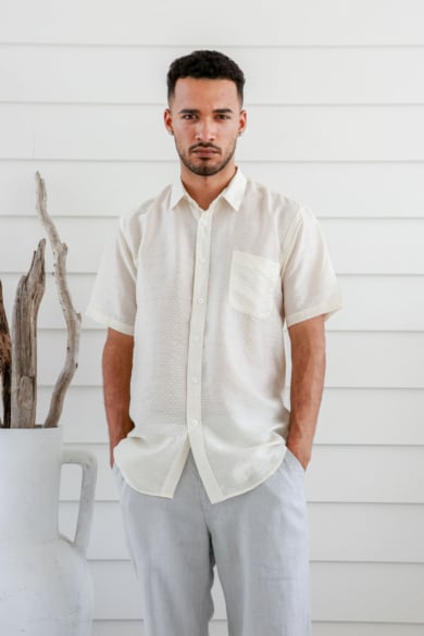 Men's Hemp Tencel Short Sleeves Silky Shirt-Cream