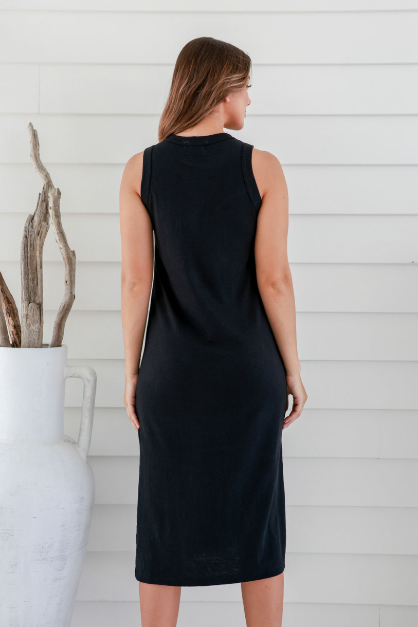 Ladies' Hemp Cotton Split Sleeveless Dress-Black