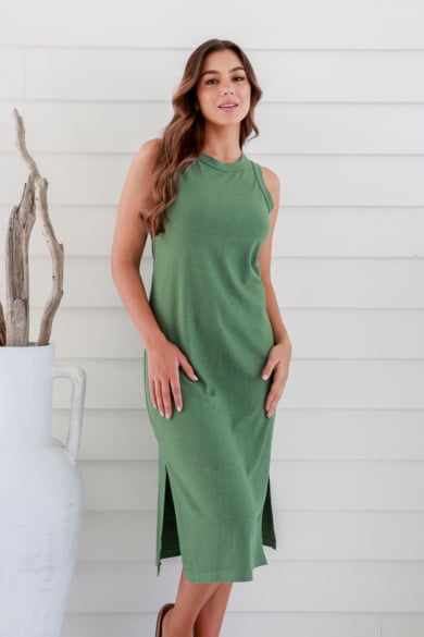 Ladies' Hemp Cotton Split Sleeveless Dress-Green