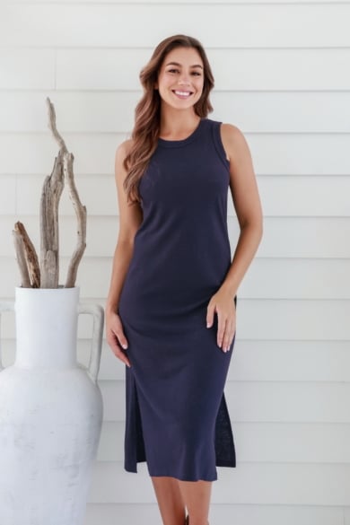 Ladies' Hemp Cotton Split Sleeveless Dress-Navy