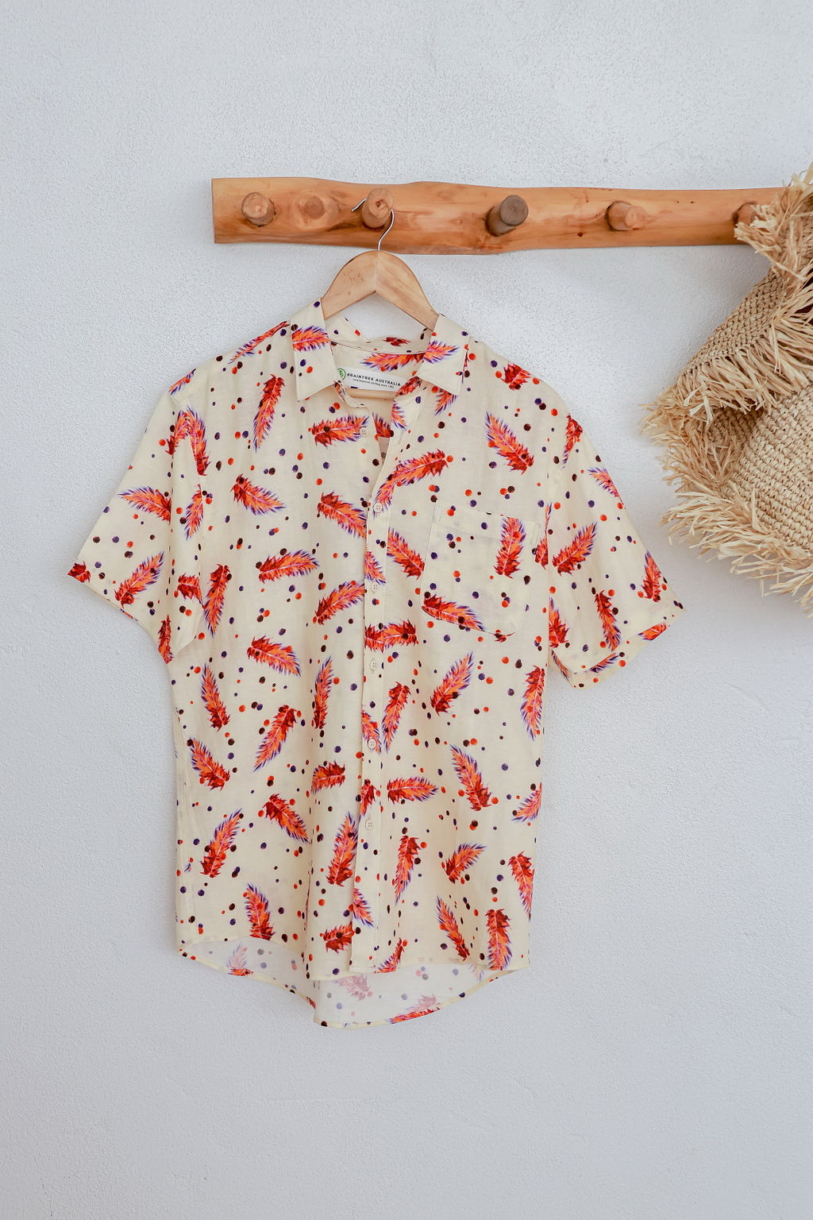 Men's Hemp Cotton Short Sleeves  Feather Shirt-Red