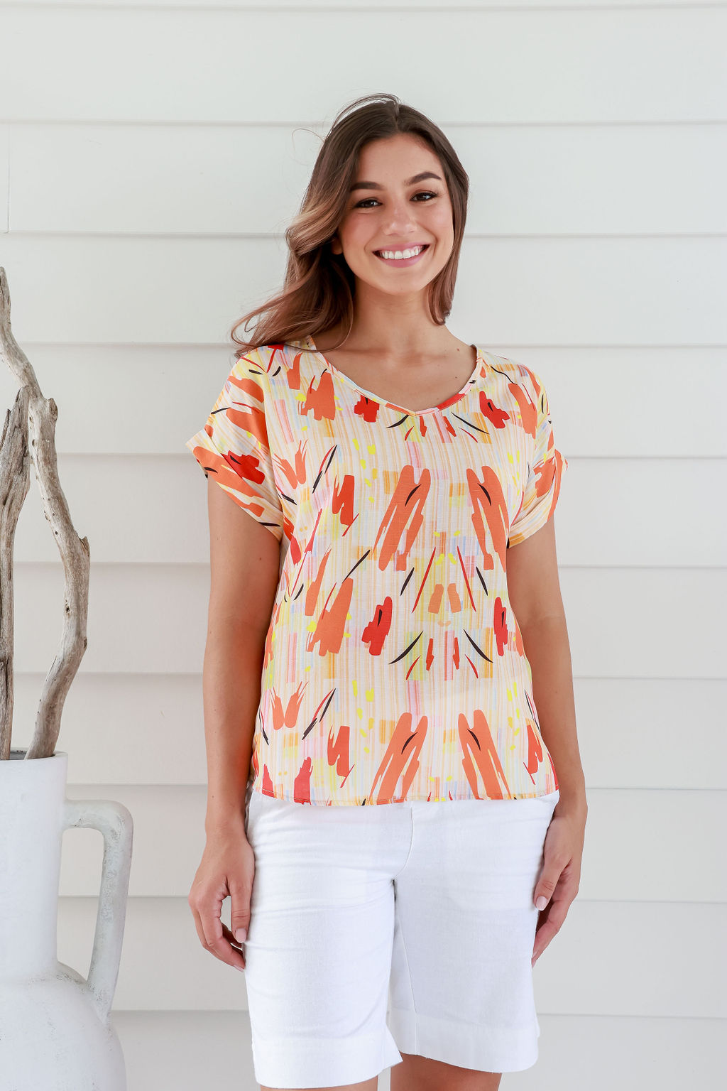 1Y6A3543 Ladies' Hemp Tencel Print Top- Orange