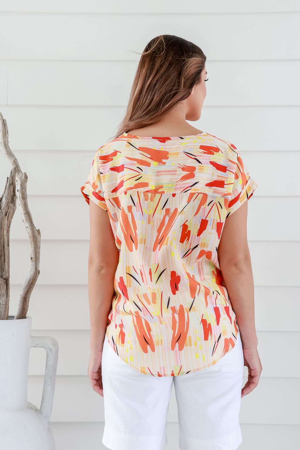 1Y6A3553 Ladies' Hemp Tencel Print Top- Orange