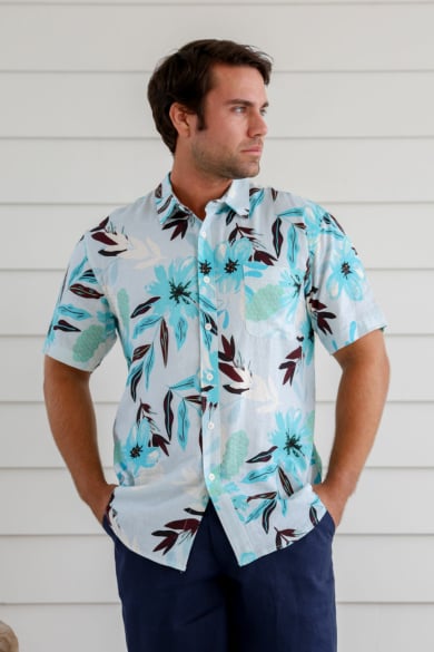 Men's Hemp Cotton Floral Short Sleeves Shirt-Red