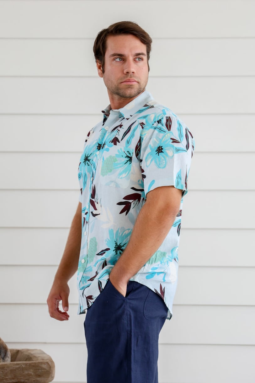 Men's Hemp Cotton Floral Short Sleeves Shirt-Red