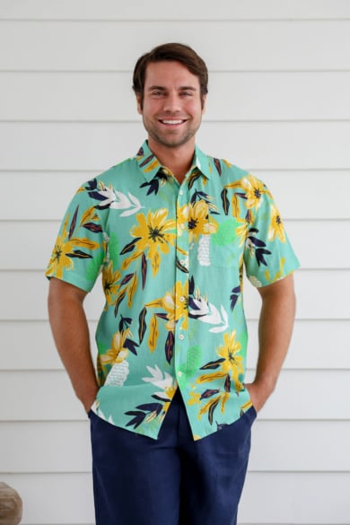 Men's Hemp Cotton Floral Short Sleeves Shirt-Red