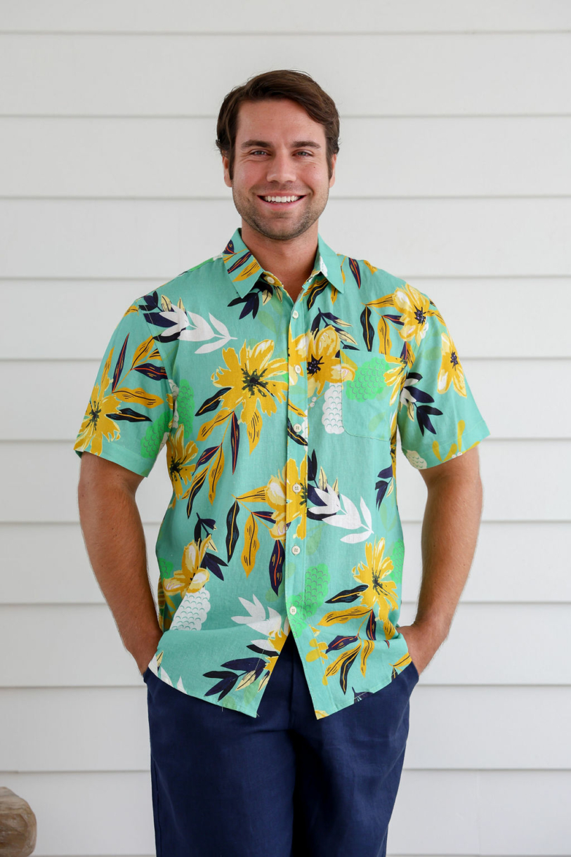 Men's Hemp Cotton Floral Short Sleeves Shirt-Red