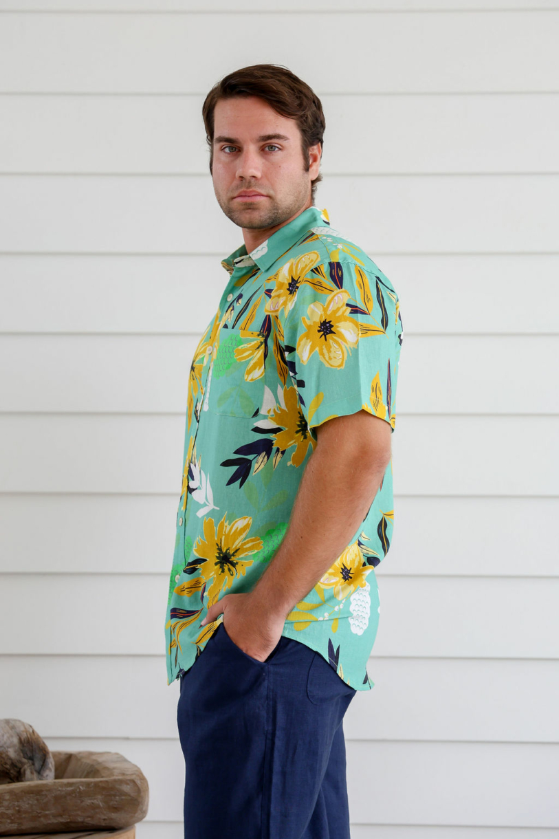 Men's Hemp Cotton Floral Short Sleeves Shirt-Red