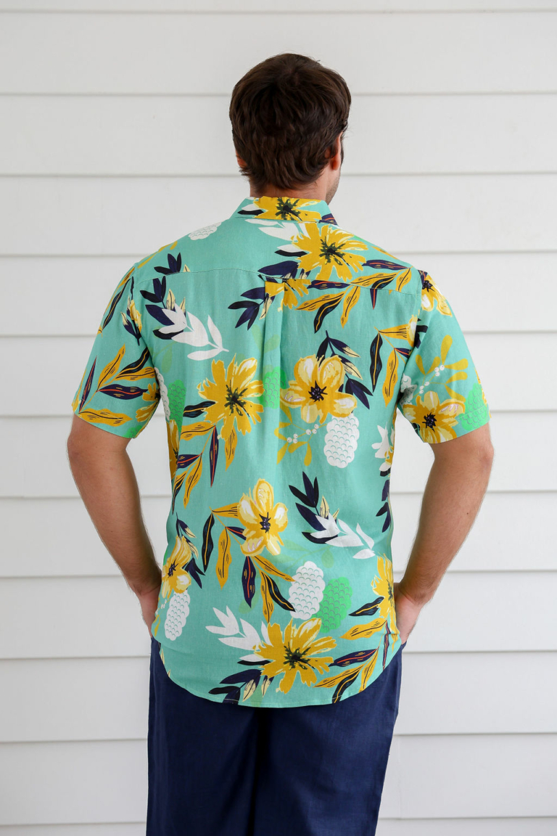 Men's Hemp Cotton Floral Short Sleeves Shirt-Red