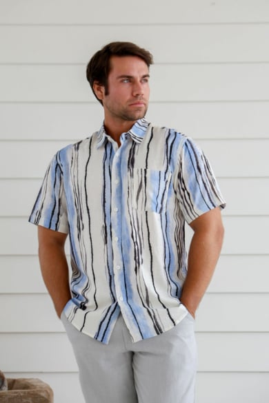Men's Hemp Rayon Colour Line Print Short Sleeves Shirt-Beige