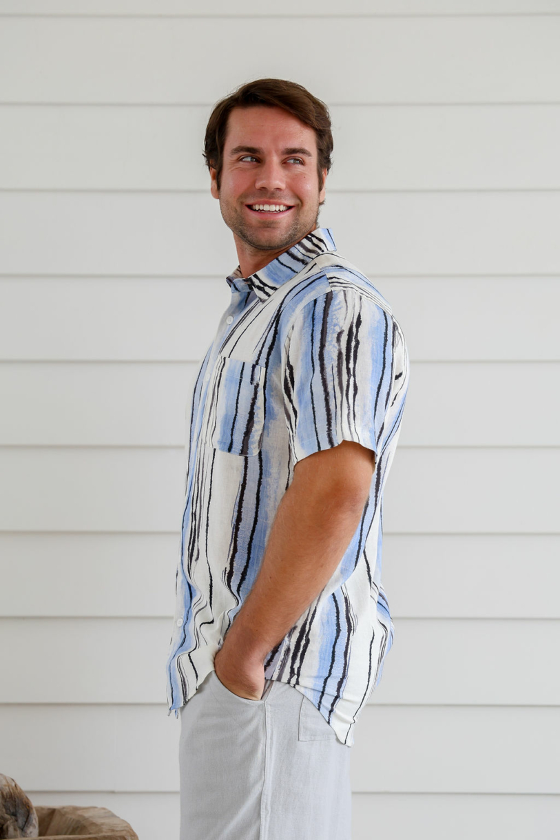Men's Hemp Rayon Colour Line Print Short Sleeves Shirt-Beige
