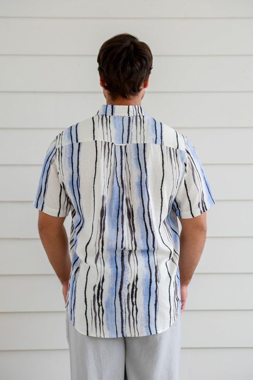 Men's Hemp Rayon Colour Line Print Short Sleeves Shirt-Beige