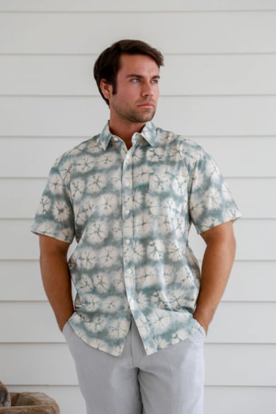 Men's Hemp Cotton Tie Dye Short Sleeves Shirt-Green
