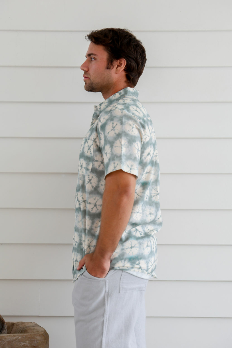 Men's Hemp Cotton Tie Dye Short Sleeves Shirt-Green