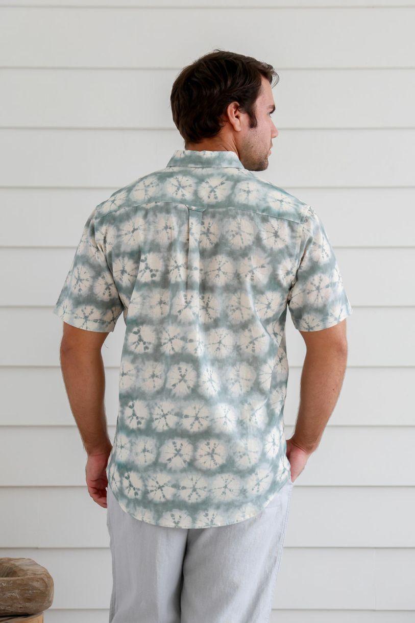 Men's Hemp Cotton Tie Dye Short Sleeves Shirt-Green