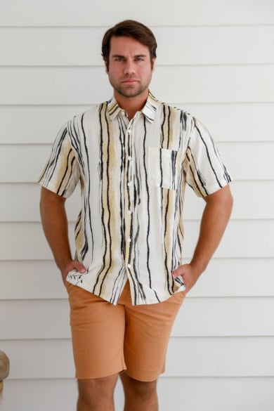 Men's Hemp Rayon Colour Line Print Short Sleeves Shirt-Beige