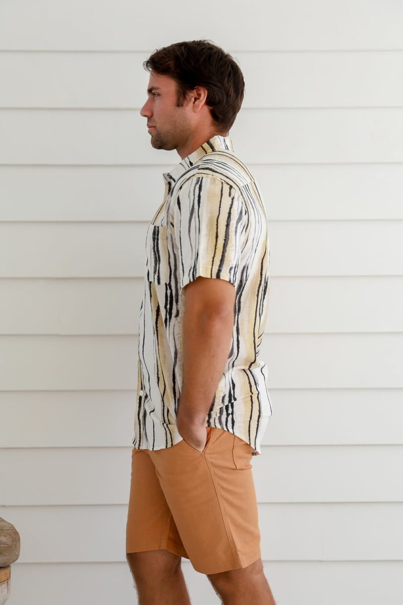 Men's Hemp Rayon Colour Line Print Short Sleeves Shirt-Beige