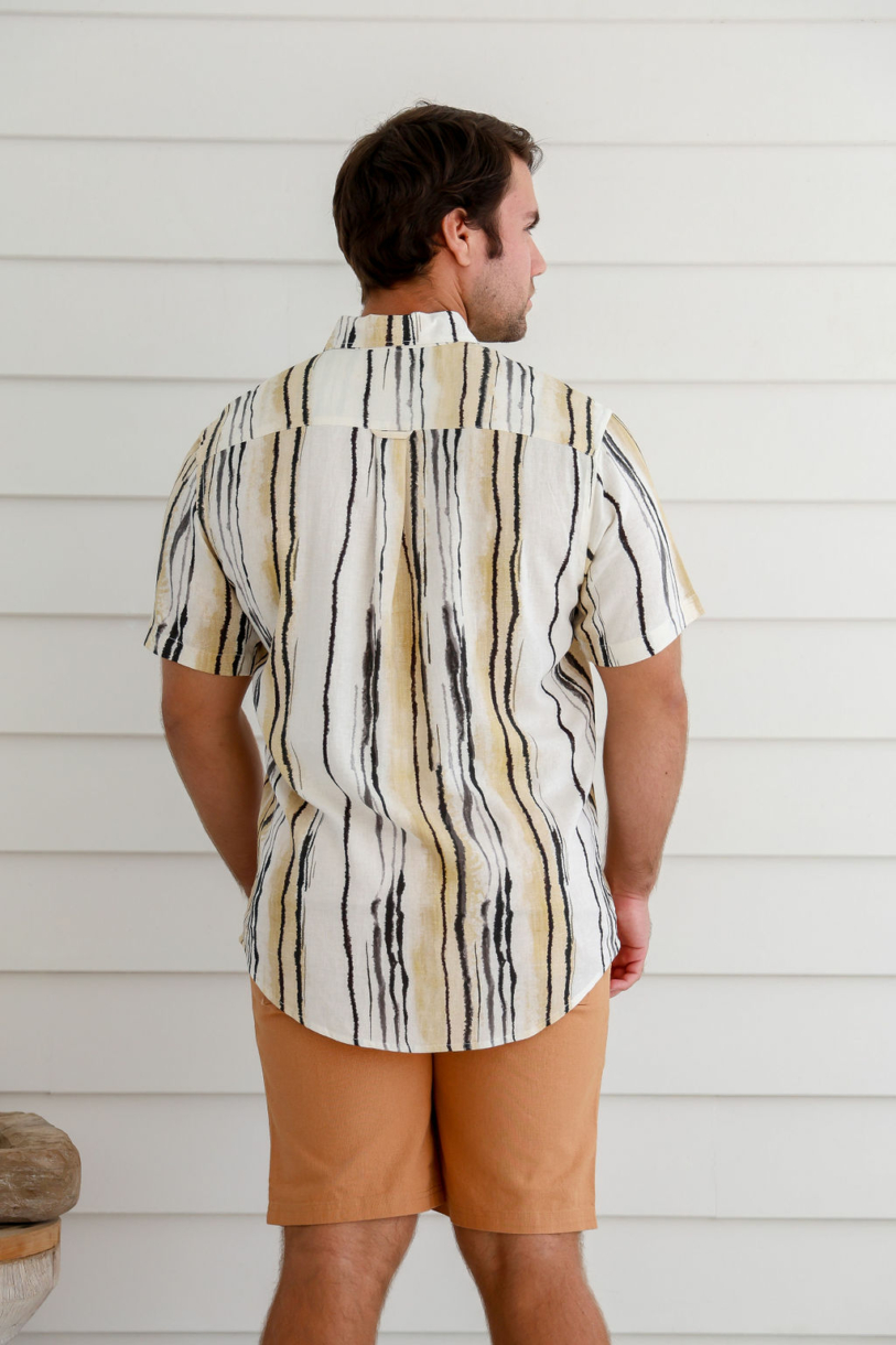 Men's Hemp Rayon Colour Line Print Short Sleeves Shirt-Beige