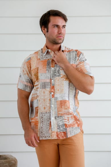 Men's Hemp Rayon Colour Block Short Sleeves Shirt-Blue