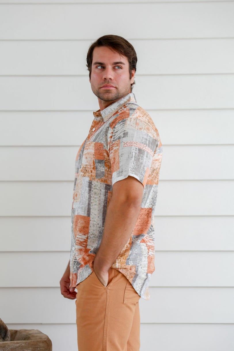 Men's Hemp Rayon Colour Block Short Sleeves Shirt-Blue