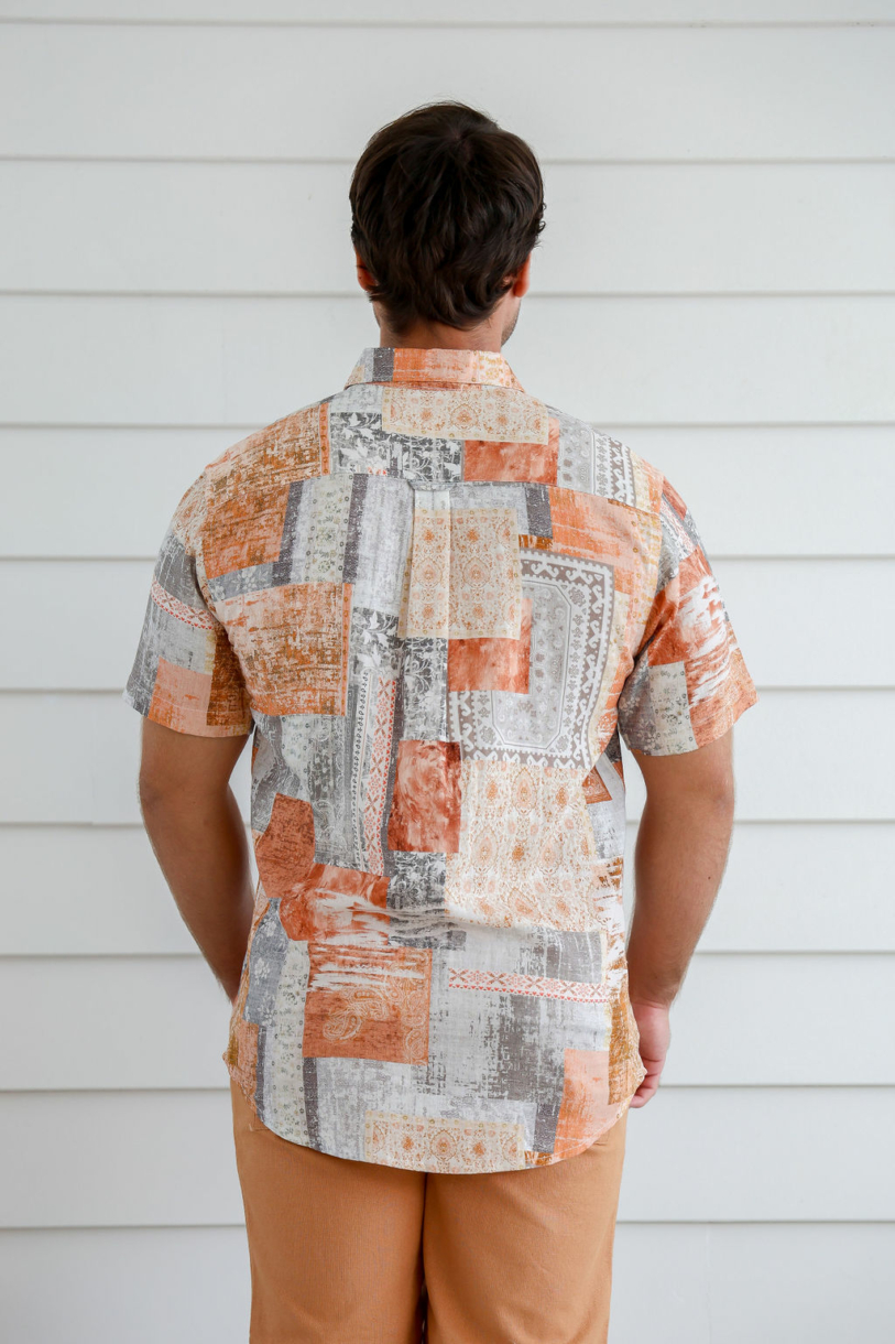 Men's Hemp Rayon Colour Block Short Sleeves Shirt-Blue
