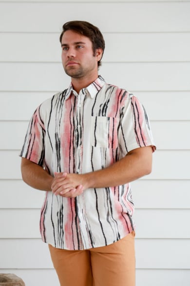 Men's Hemp Rayon Colour Line Print Short Sleeves Shirt-Beige