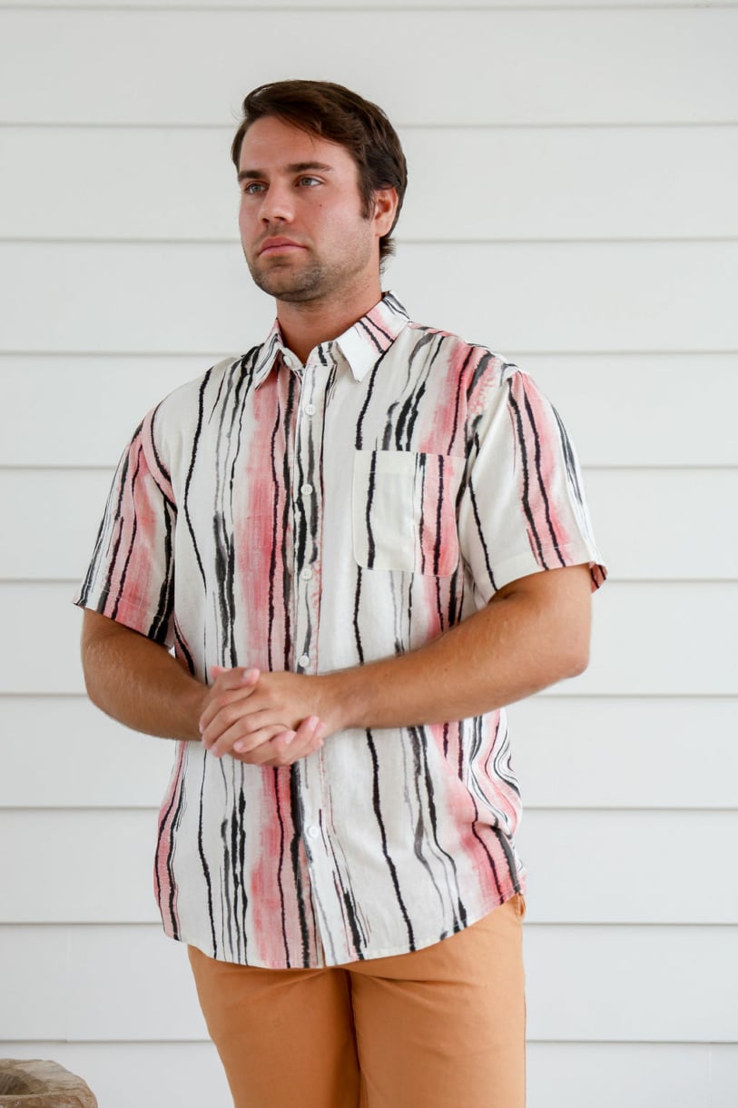 Men's Hemp Rayon Colour Line Print Short Sleeves Shirt-Beige