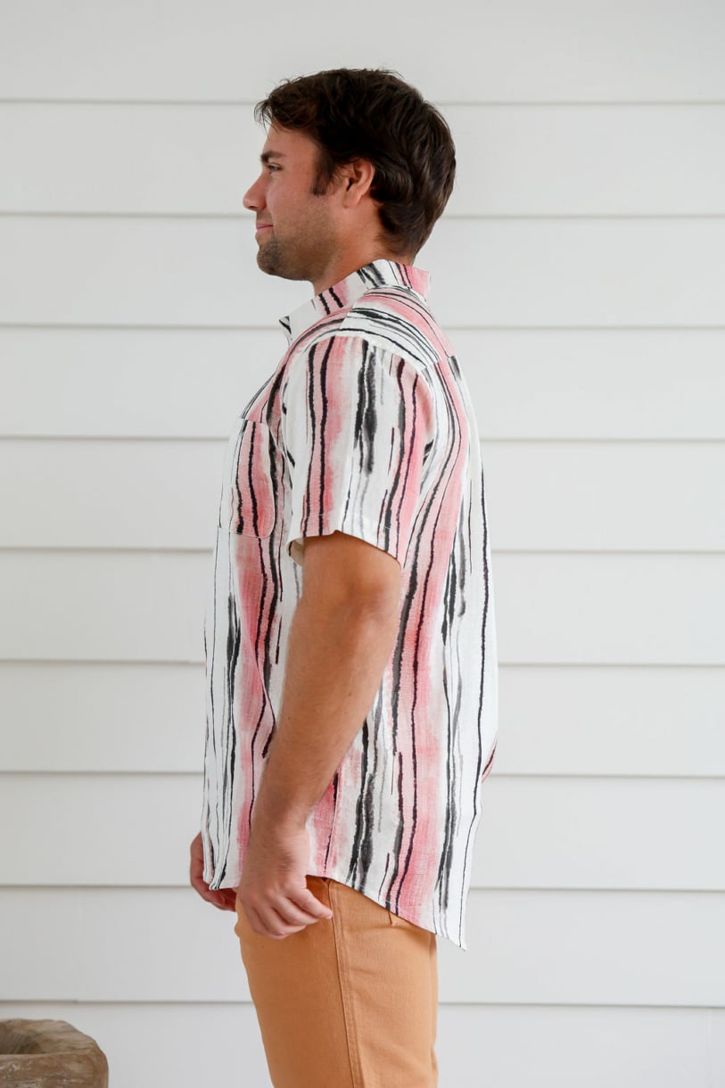 Men's Hemp Rayon Colour Line Print Short Sleeves Shirt-Beige