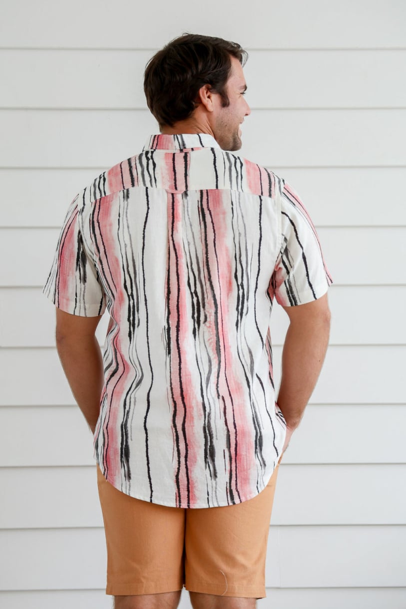 Men's Hemp Rayon Colour Line Print Short Sleeves Shirt-Beige