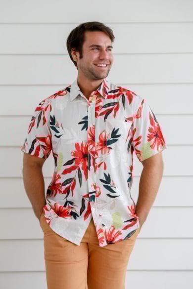 Men's Hemp Cotton Floral Short Sleeves Shirt-Red