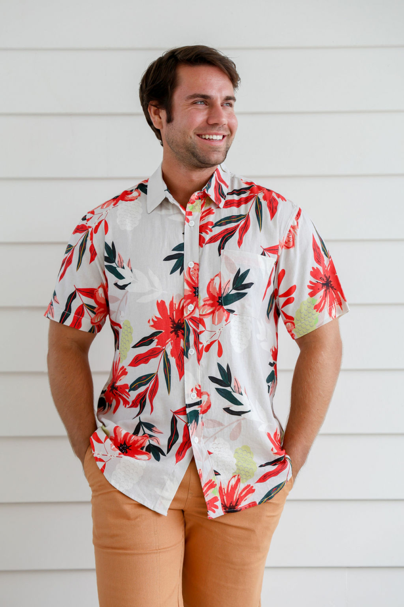 Men's Hemp Cotton Floral Short Sleeves Shirt-Red