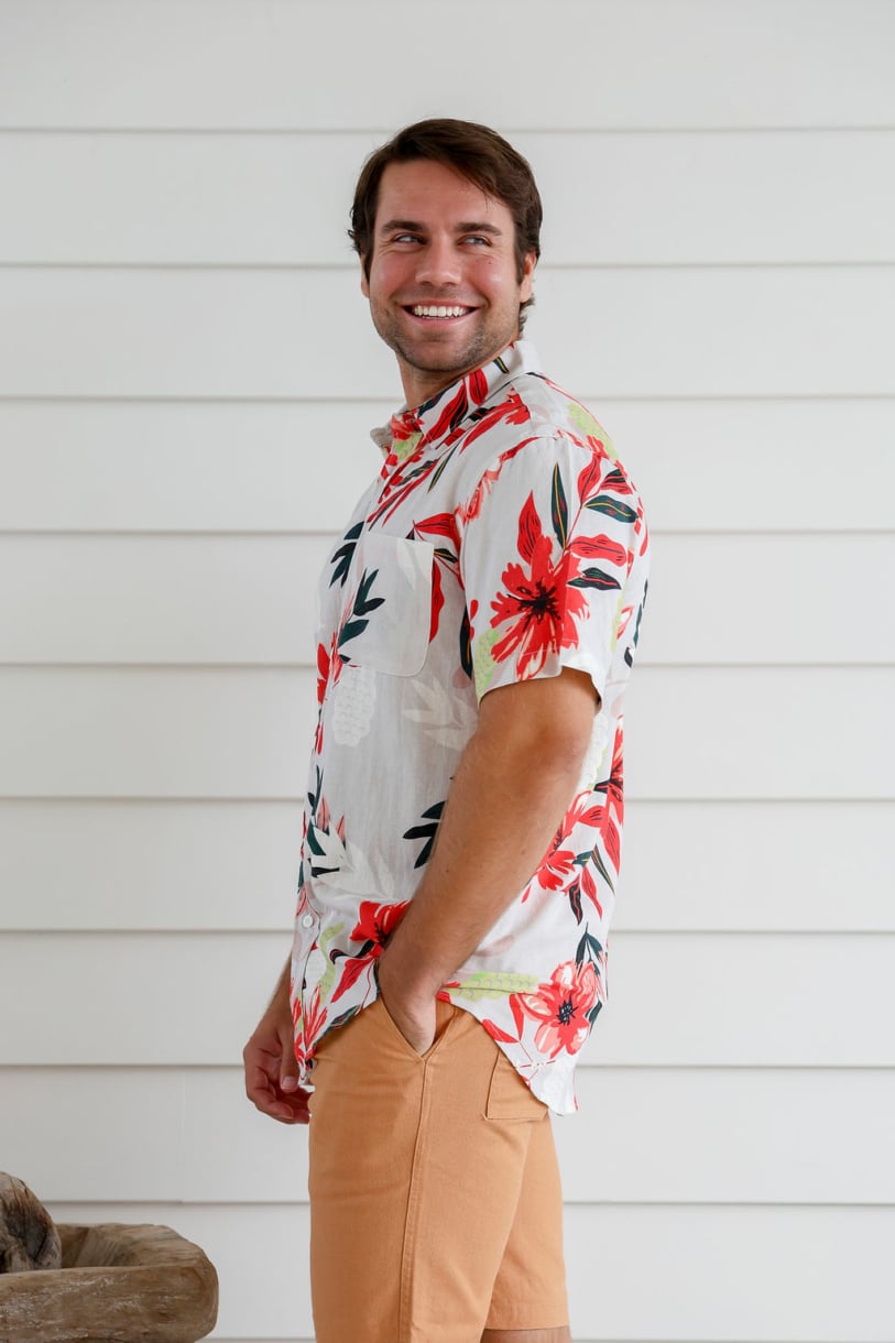 Men's Hemp Cotton Floral Short Sleeves Shirt-Red