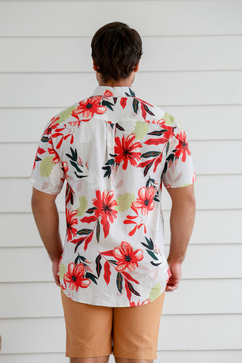 Men's Hemp Cotton Floral Short Sleeves Shirt-Red