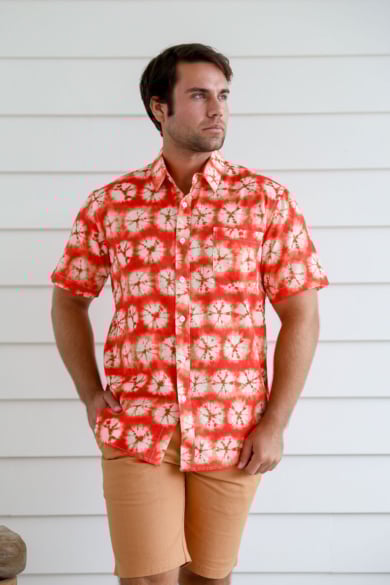 Men's Hemp Cotton Tie Dye Short Sleeves Shirt-Red