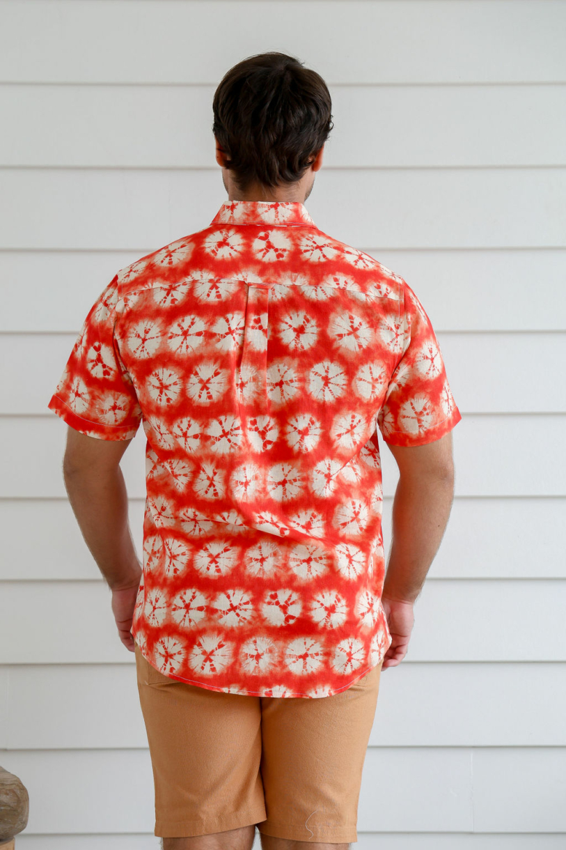 Men's Hemp Cotton Tie Dye Short Sleeves Shirt-Red