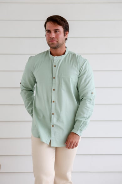 MEN'S HEMP COTTON LONG SLEEVE GRANDPA SHIRT-Mint
