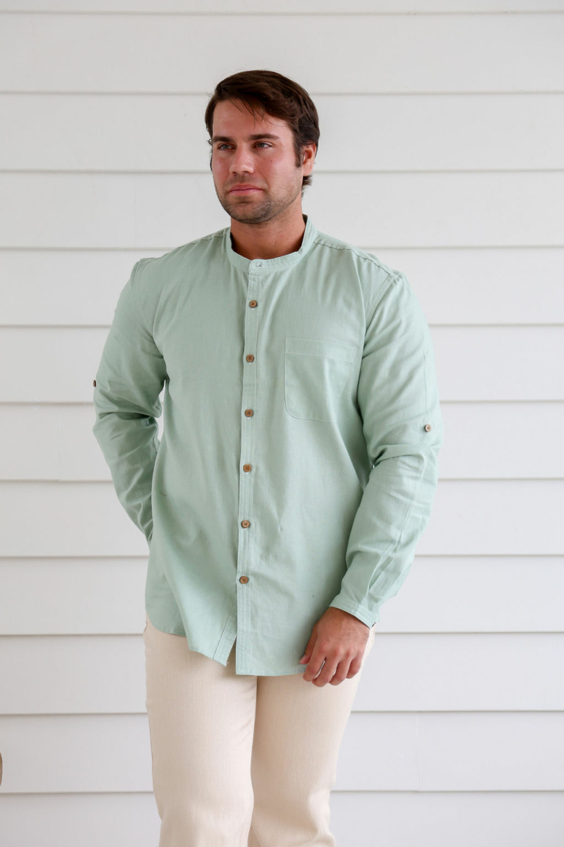 MEN'S HEMP COTTON LONG SLEEVE GRANDPA SHIRT-Mint
