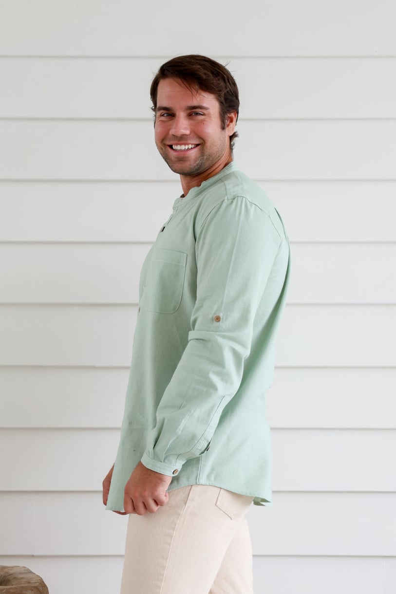 MEN'S HEMP COTTON LONG SLEEVE GRANDPA SHIRT-Mint