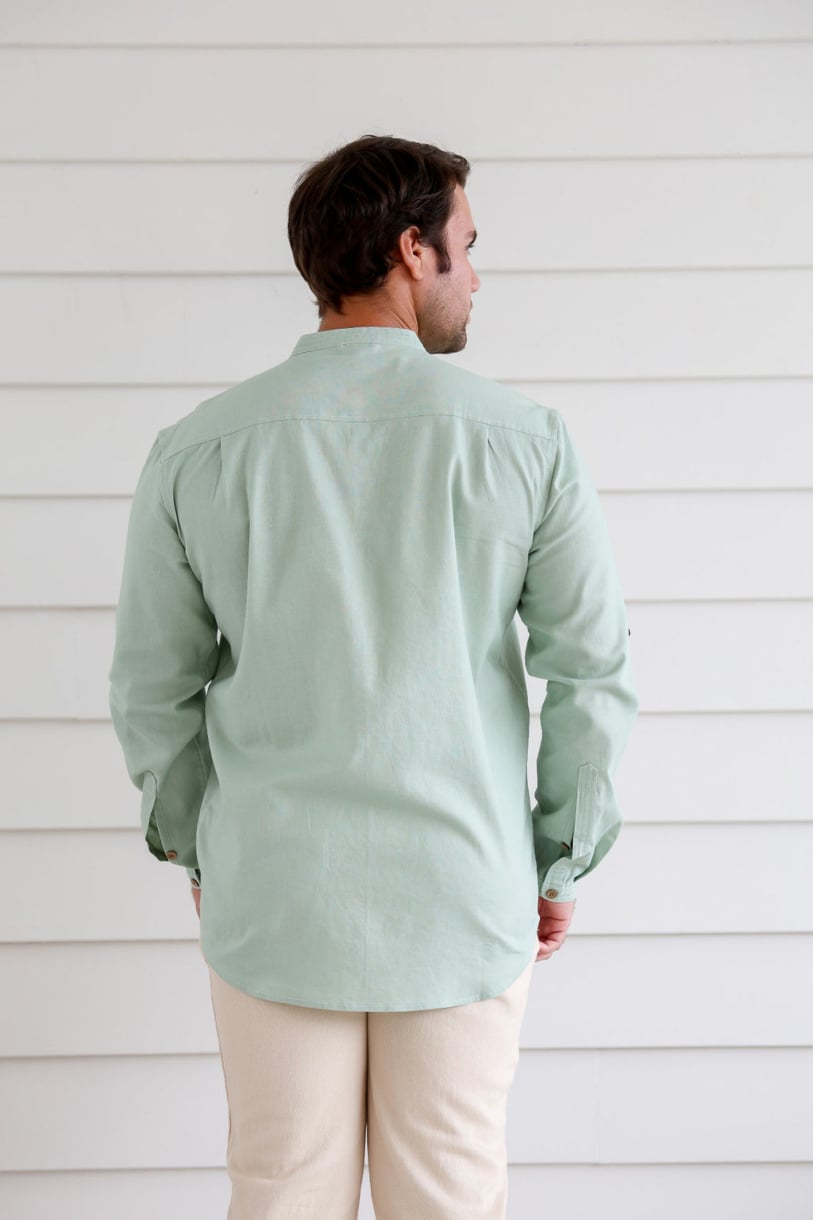 MEN'S HEMP COTTON LONG SLEEVE GRANDPA SHIRT-Mint
