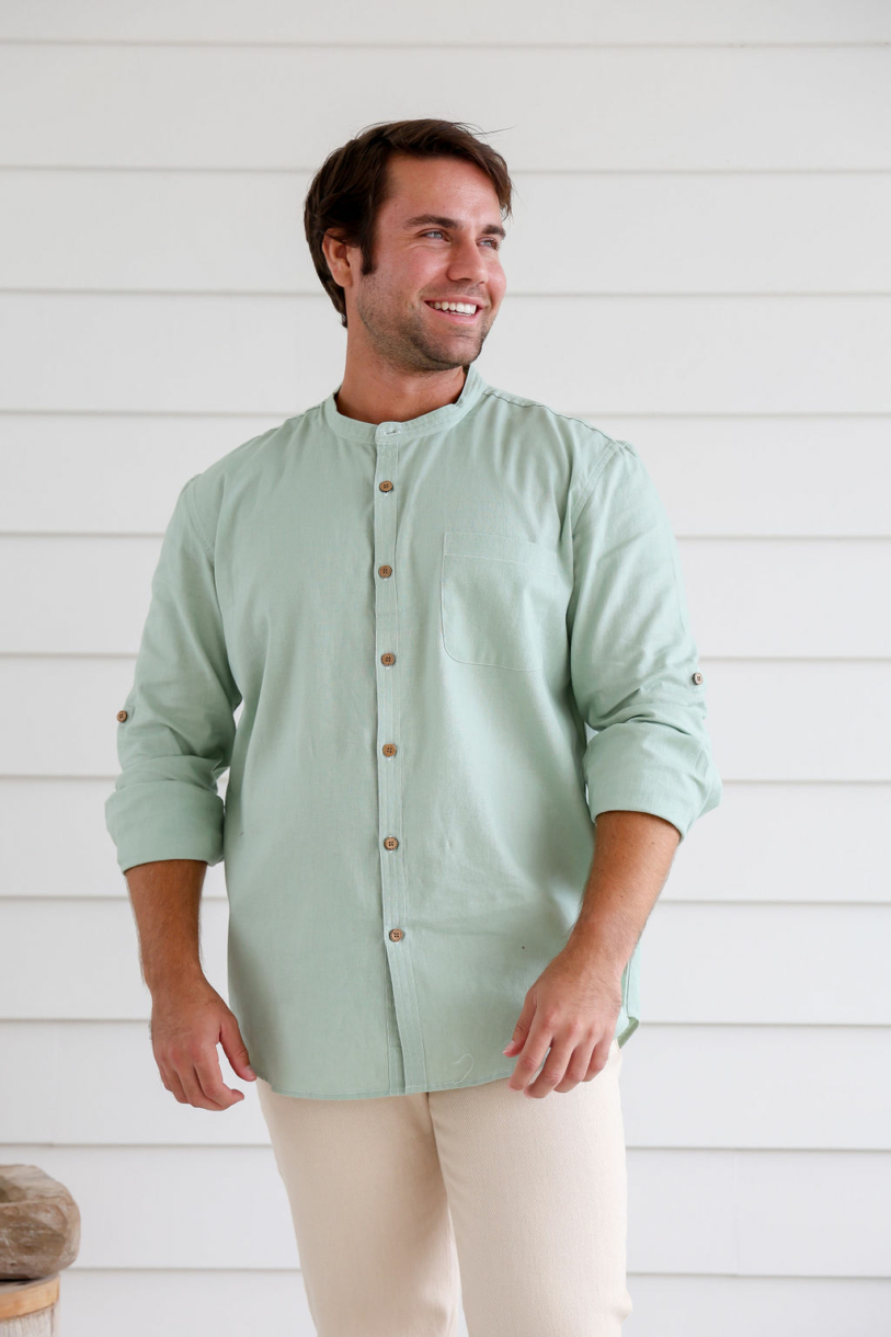MEN'S HEMP COTTON LONG SLEEVE GRANDPA SHIRT-Mint