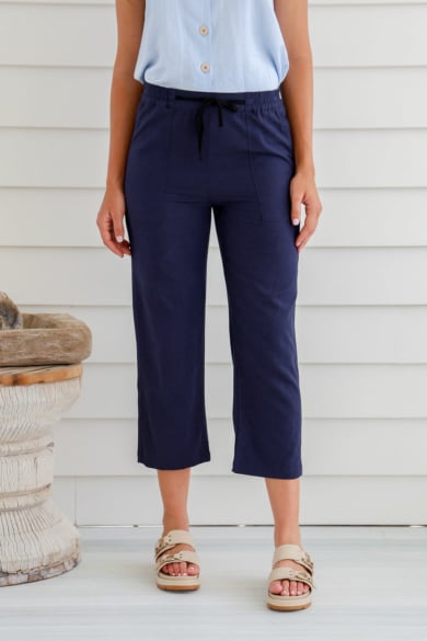 Ladies' Hemp Cotton 7/8 Elastic Waist Pants-Navy