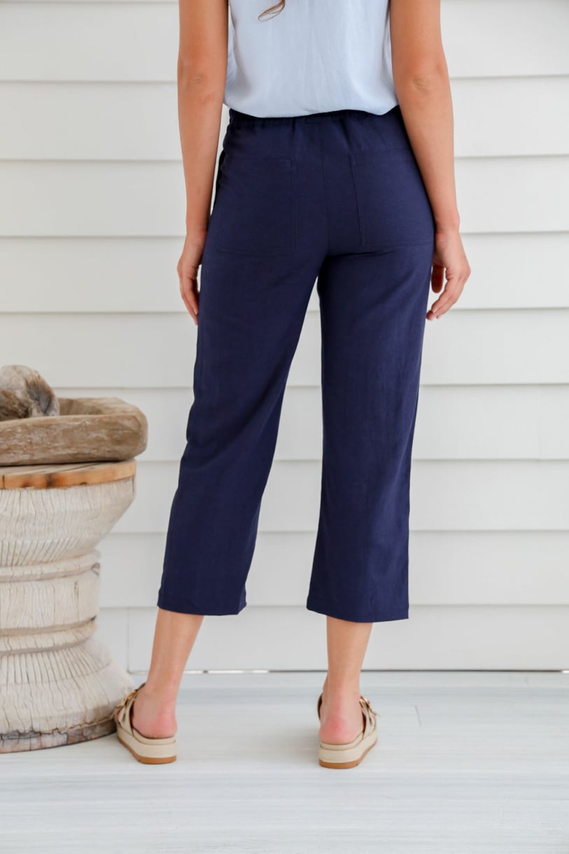 Ladies' Hemp Cotton 7/8 Elastic Waist Pants-Navy