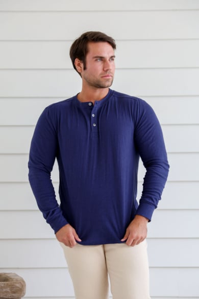 MEN'S HEMP COTTON LONG SLEEVES BUTTON TEE-BLUE