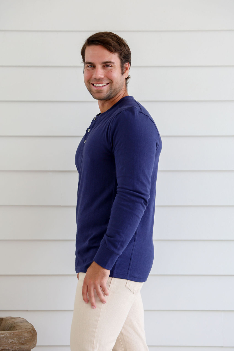 MEN'S HEMP COTTON LONG SLEEVES BUTTON TEE-BLUE