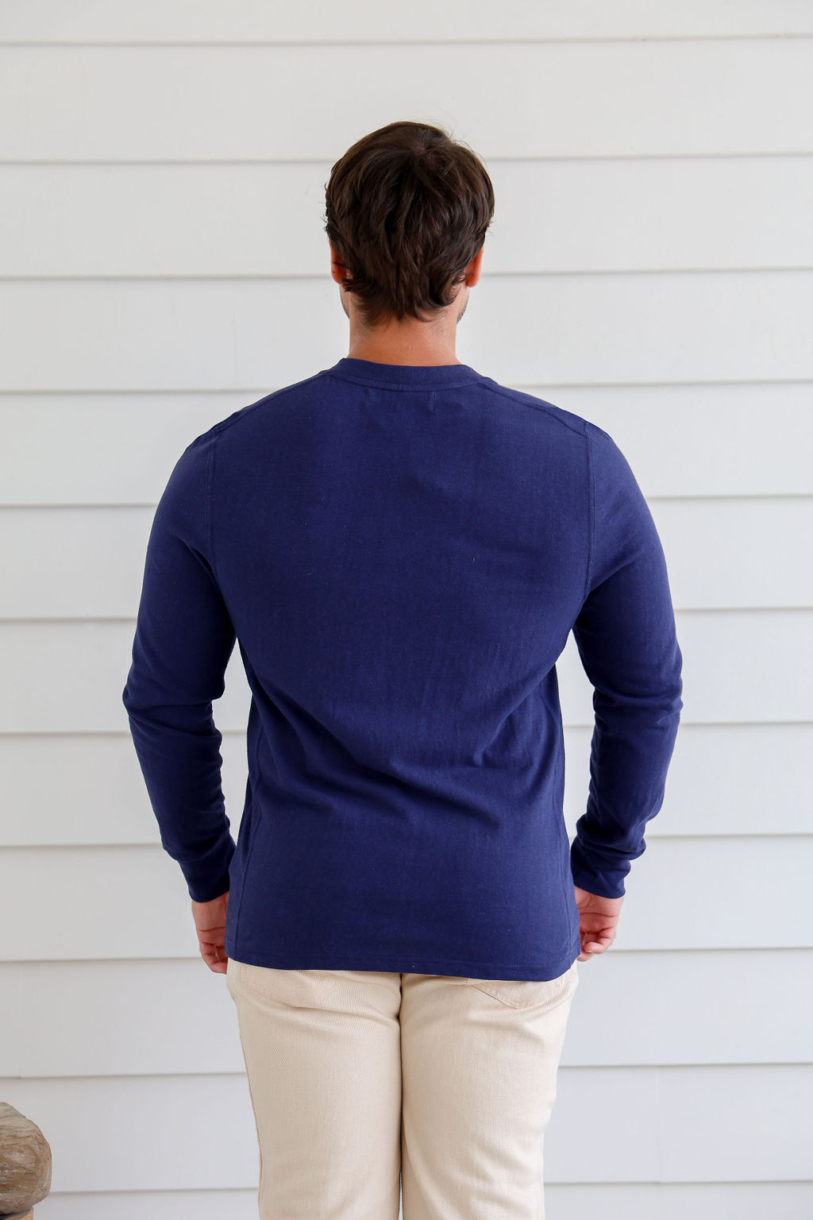 MEN'S HEMP COTTON LONG SLEEVES BUTTON TEE-BLUE